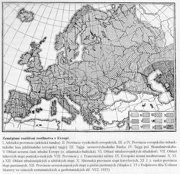 Zeměpisné rozšíření rostlinstva v Evropě. Mapka č. 15 z Podpěrova díla Květena Moravy ve vztazích systematických a geobotanických, díl VI/2 (1925)