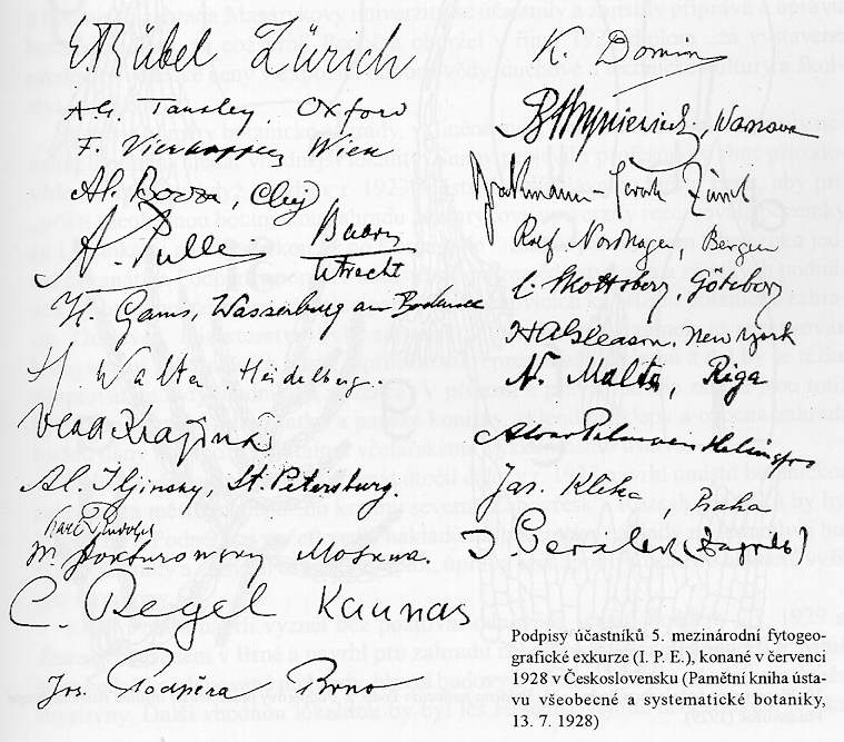 Podpisy účastníků 5. Mezinárodní fytogeografické exkurze (I.P.E.), konané v červenci 1928 v Československu