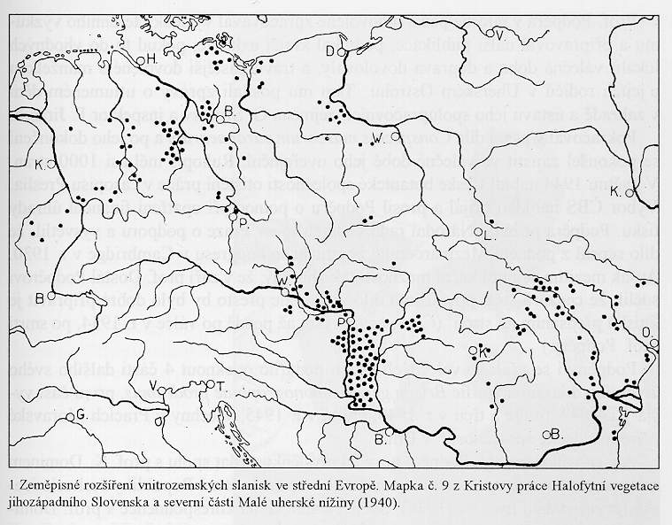 Zeměpisné rozšíření vnitrozemských slanisk ve střední Evropě. Mapka č. 9 z Kristovy práce Halofytní vegetace jihozápadního Slovenska a severní části Malé uherské nížiny (1940)