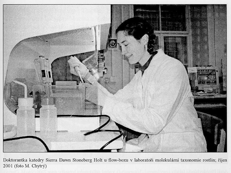 Doktorandka katedry Sierra Dawn Stoneberg Holt u flow-boxu v laboratoři molekulární taxonomie rostlin; říjen 2001