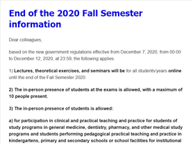 End of the 2020 Fall Semester information effective from December 7, 2020