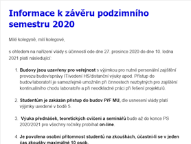 Informace k závěru podzimního semestru 2020 platné od 27.12.2020