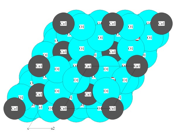 struktura kalcitu v ezu (0001)