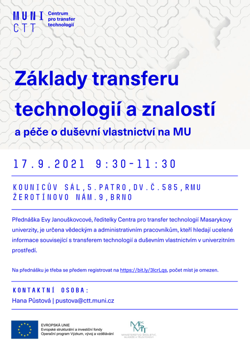 Přednáška o základech transferu technologií a znalostí – 17. 9. 2021